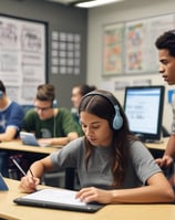 A classroom scene where a student seated at a desk is using a tablet with an external keyboard. The student is wearing headphones. In the background, other students are also using tablets and working at their desks. The classroom has educational posters on the walls and a whiteboard at the front.