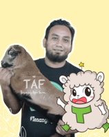a man holding a sheep in front of a yellow background