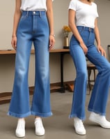 Stacks of jeans organized by fit type are displayed on shelves. Labels indicate styles such as 'Skinny Fit' and 'Slim Fit.' An illuminated 'DENIM' sign is prominently positioned above the display. A poster featuring models wearing various styles of denim is featured on the right side of the display.