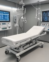 A close-up view of medical oxygen tanks with attached pressure gauges and valves, highlighting the metallic and green elements. The tanks are aligned and feature barcode labels.