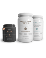 a variety of products including a bottle of protein