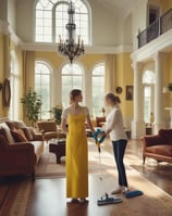 two woman standing in a huge house with big windows in an entry way cleaning the floor