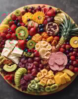 A table covered in a variety of gourmet dishes, including a plate of oysters on ice, a charcuterie board with cheeses and cured meats, a dish with a seafood topping, a plate with sliders, and a vibrant salad. A glass of beer and a cocktail with a lime wedge are also present, along with utensils and a small candle.