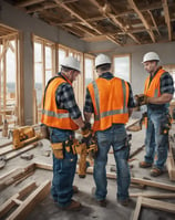 seven construction workers standing on white field