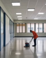 Two people wearing masks are engaged in cleaning activities outside a building with large windows. One person is pushing a line of shopping carts, while the other is sweeping the ground with a broom. The background consists of a paneled wall and a window with visible reflections.