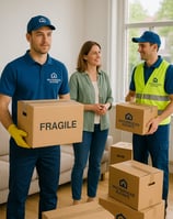 Señora del hogar dialogando con dos trabajadores de Multiservicios