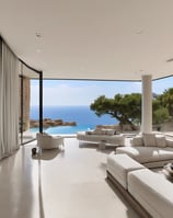 A luxurious house is surrounded by lush greenery and palm trees, featuring a manicured lawn where several tall birds are standing. The building has a modern architectural style with large windows and a spacious veranda.