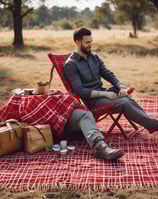 A cozy picnic setup on a white blanket placed in a field of tall grass. A wicker basket contains a book, apples, and a bottle. Nearby, there are small white flowers resting on the blanket.