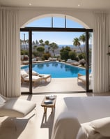 Luxurious villas with pointed roofs are nestled amidst lush tropical greenery. Dense foliage surrounds the buildings, creating a peaceful and secluded atmosphere. A bright blue sky with wispy white clouds stretches overhead.