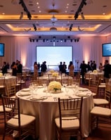 Luxury corporate event setup in Miami featuring elegant tables, gold Chiavari chairs, stage with LED screens, branded signage