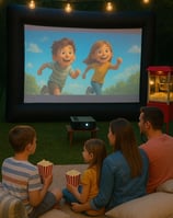 a family watching a movie in a backyard