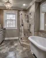 a bathroom with a tub tub and a shower