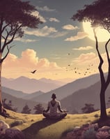 A person is meditating in a seated position with crossed legs on a rock, surrounded by a natural landscape with hills and a clear sky in the background. The individual is wearing a gray t-shirt, shorts, a beanie, and has a relaxed posture with hands resting on their knees.