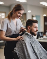 A young child sits in a barbershop chair with a haircut cape draped over, while a barber styles their hair. The barber is wearing a denim jacket and appears focused on their task. The setting is a barbershop with shelves and various items in the background.