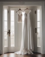 a wedding dress hanging on a door