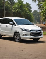 A light green camper van is parked on a dirt path in front of a rugged, rocky mountain landscape. The van has a boxy shape with windows and a roof vent, and it appears to be an older model with a retro design. The surrounding environment is arid, with sparse bushes and gravel.