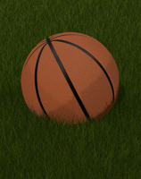 A 3D-rendered basketball resting on vibrant green grass, showcasing realistic textures and lighting.