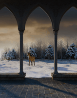 a horse in a snowy landscape with a palace arches in the foreground