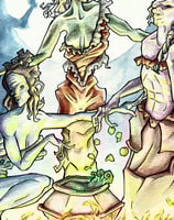 A watercolour illustration in green and blue hues depicting Shakespere's witches around a cauldron
