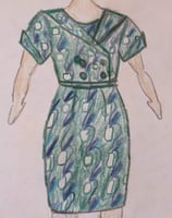 The fashion sketch of a green art nouveau reversible sheath dress and 50's inspired cropped jacket