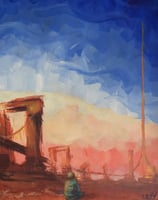 acrylic fantasy art painting of a young boy in a desolate Arizona landscape in terracotta.