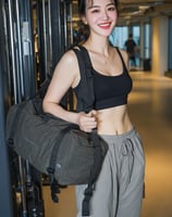 Smiling girl slung across a high-end gym bag