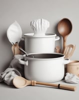 a cooking pot with a chef hat and cooking utensils