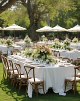 A beautifully arranged outdoor event featuring long tables adorned with floral centerpieces. The tables, covered in white tablecloths, are lined with wooden chairs. In the background, groups of people gather under large white umbrellas in a sunlit setting surrounded by trees.