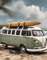 a van parked on the beach with a surfboard