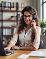 A woman sitting in a home office setting looking at a laptop while talking on the phone