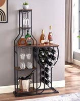 a wine rack with wine glasses and bottles