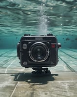 A photograph featuring an artistic play of light leaks over a surface of water, presumably a pool. The light leaks vary in colors, notably yellow, orange, and blue. The water surface shows reflection and light flares, adding a dreamy and surreal effect to the image. The tiles around the edge of the pool are partially visible, indicating location context.