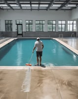 A swimming pool with clear, rippling water reflecting the light. At the bottom, a large, abstract design is visible, featuring a combination of green and aqua hues against a red-tiled background.