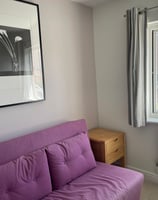 Room with muted colour walls and lilac sofa