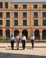 A rural school courtyard with a few buildings surrounded by tall pine trees and distant mountains under a clear blue sky. The main building has a beige facade with a green roof, accessed by a narrow staircase with black railings. A signboard in front is written in Hindi.