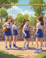 A group of children stands indoors, with some raising their hands and smiling. The wall behind them is decorated with colorful posters and what appear to be photographs. A framed Arabic script is displayed at the top, and school uniform elements can be seen on the right.