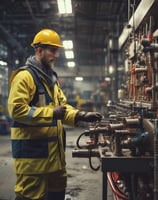 A group of workers wearing yellow safety helmets and reflective vests engage in industrial activities inside a factory setting. Some are observing while others are actively operating machinery as a large piece of equipment is lifted by mechanical hoists.