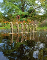 Row of small statues in a pond