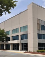 A building entrance with a door and windows is visible. Above the door, there is a sloped roof with the word 'FITNESS' written on it in white letters. An air conditioning unit is mounted next to the door. Leaves are scattered on the ground, and tree branches with leaves hang over the roof.
