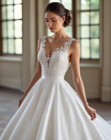 A row of white and cream-colored wedding dresses are hanging on a metal rack against a warm wooden backdrop. The floor is wooden, and the lighting is soft and warm, enhancing the elegance of the dresses.