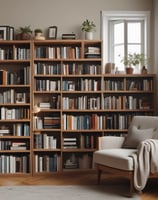 A well-organized room featuring a large white bookshelf filled with books of various sizes and colors. To the left, a white sofa is placed against the wall. A small black side table with red storage boxes sits beside the sofa. The floor is light-colored wood, and the room has a minimalistic and tidy appearance.