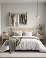 A metal grid wall organizer with shelves and baskets holds various objects. A hanging beige tote bag reads 'GRANIT'. A small potted plant is set on one of the shelves, and a wall-mounted reading lamp with a white shade illuminates the area. Printed materials lie on the bottom shelf with a green leafy plant next to them.