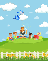 a woman sitting on a lawn with children