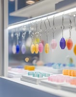 a display case with many different colored beads and earrings