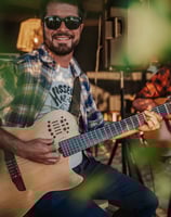 a man with sunglasses and sunglasses is playing guitar