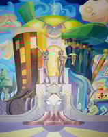 Acrylic painting in the style of constructivism depicting buildings from Barnsley in Yorkshire