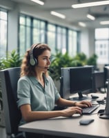 A modern office environment with several people working at computer stations. Individuals are wearing headsets, indicating a call center setting. The workspace is divided by purple privacy screens and features large desktop monitors. A green plant adds a touch of nature to the otherwise clean and professional atmosphere. Natural light comes through the windows, enhancing the bright and focused work environment.
