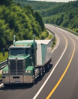 A large truck with branding on its trailer is traveling on a multi-lane highway surrounded by several cars. The highway is bordered by lush green trees and a clear blue sky is visible above.