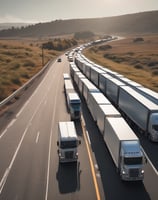 A long line of trucks is parked on a highway. The road stretches into the distance, bordered by rolling hills covered with green vegetation. The sky is cloudy, suggesting overcast weather. One truck is prominently visible with the branding 'euroberry' on its side.