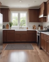 a kitchen with a large window and a stove